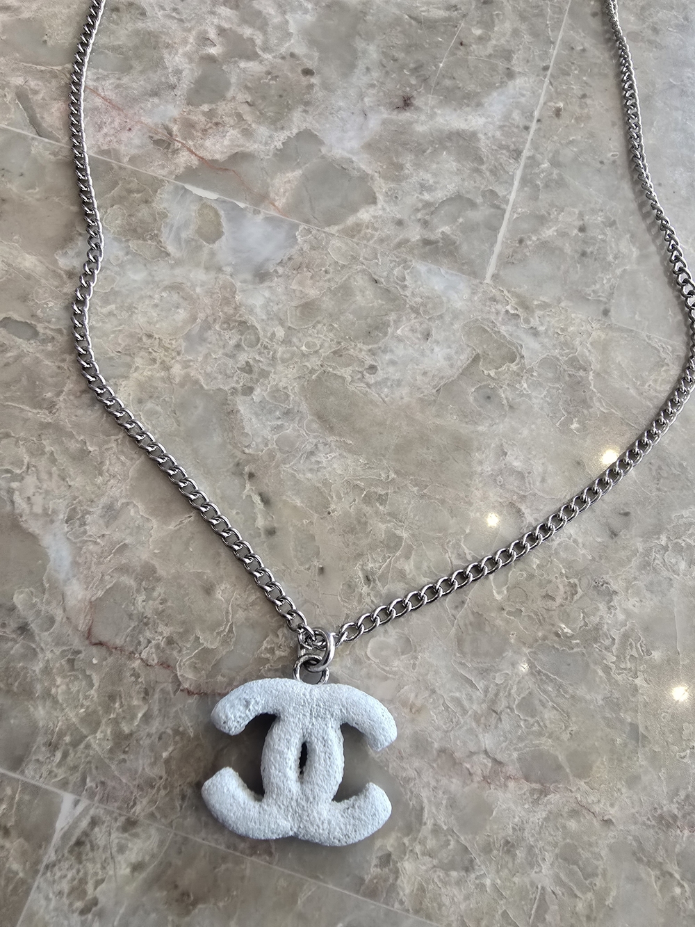 Auth Vintage CHANEL White Logo Necklace